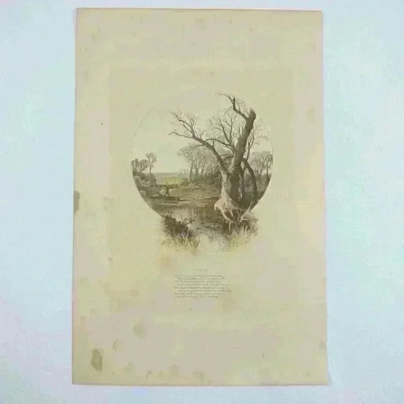 Art Print Farm & Stream in Autumn Fall Trees Poem The Aldine Antique 1870s RARE - Picture 9 of 12